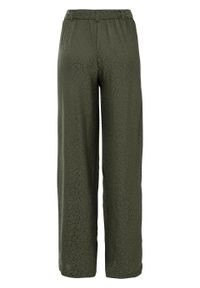 Spodnie bez zamka w talii, w tłoczony wzór w cętki leoparda bonprix oliwkowy - leo. Kolor: zielony. Materiał: materiał, poliester. Wzór: aplikacja #3