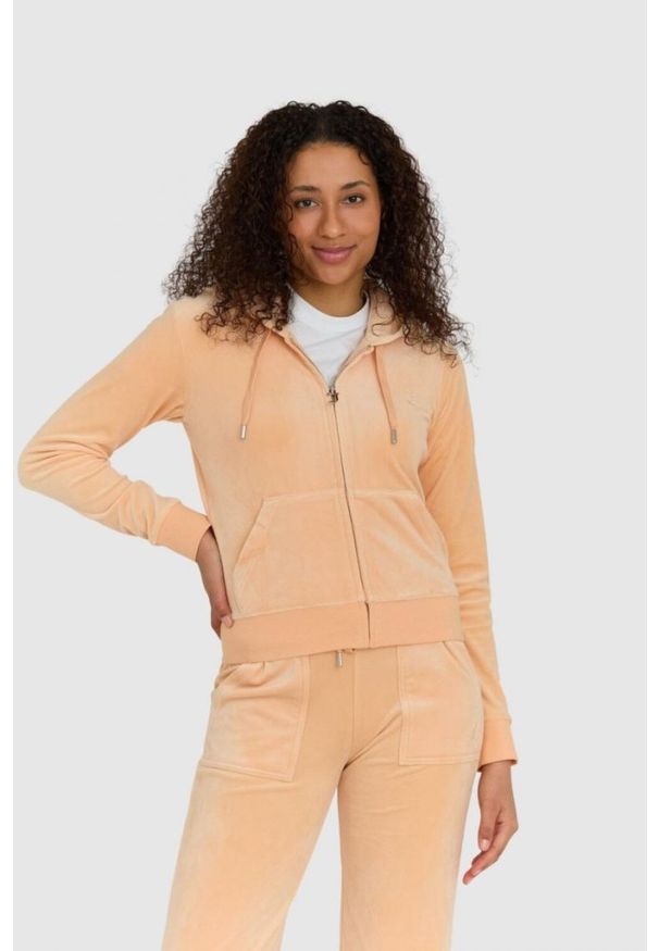 Juicy Couture - JUICY COUTURE Klasyczna welurowa rozpinana bluza damska dresowa robertson, Rozmiar M. Kolor: pomarańczowy. Materiał: welur, dresówka. Styl: klasyczny