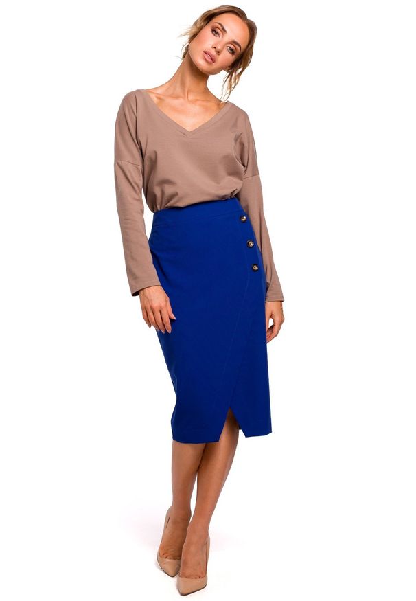 MOE - Elegancka ołówkowa spódnica z ozdobnymi guzikami. Materiał: elastan, materiał. Wzór: aplikacja. Styl: elegancki