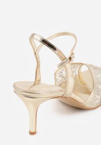 Renee - Złote Sandały na Szpilce z Siateczki z Perłowymi Zdobieniami i Cyrkoniami Kisea. Okazja: na wesele, na ślub cywilny. Kolor: złoty. Materiał: satyna. Wzór: aplikacja. Obcas: na szpilce. Styl: elegancki, glamour #8