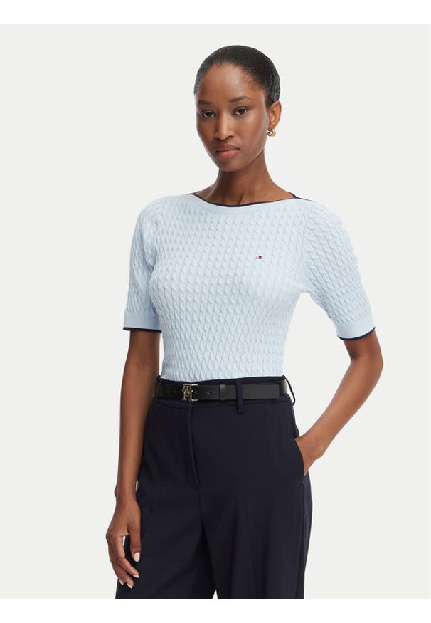 TOMMY HILFIGER - Tommy Hilfiger Sweter Fine Gg Cable Boat WW0WW50103 Niebieski jasny Regular Fit. Kolor: niebieski. Materiał: bawełna
