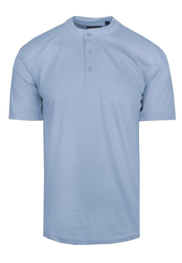 Męski T-Shirt na Stójce - Brave Soul - Niebieski. Okazja: na co dzień. Typ kołnierza: kołnierzyk stójkowy. Kolor: niebieski. Materiał: bawełna. Sezon: wiosna, lato. Styl: casual