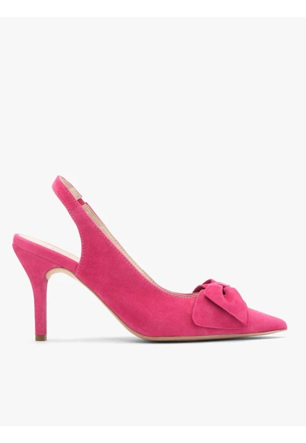 Ryłko - Czółenka typu slingback w kolorze fuksji. Kolor: fioletowy. Materiał: skóra, welur. Szerokość cholewki: normalna. Obcas: na obcasie. Styl: street. Wysokość obcasa: średni