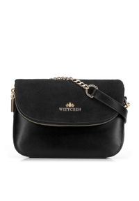 Wittchen - Damska torebka z dwóch rodzajów skór z kieszenią w klapie. Kolor: czarny. Wzór: aplikacja, paski. Materiał: skórzane. Styl: elegancki #1