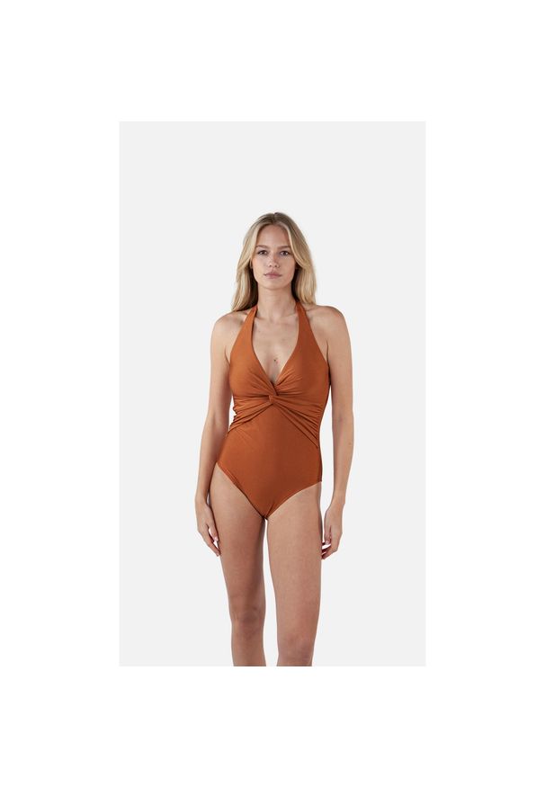 Damski kostium kąpielowy 1-częściowy Barts Isla Halter Shaping. Kolor: beżowy, wielokolorowy, brązowy, czerwony, pomarańczowy