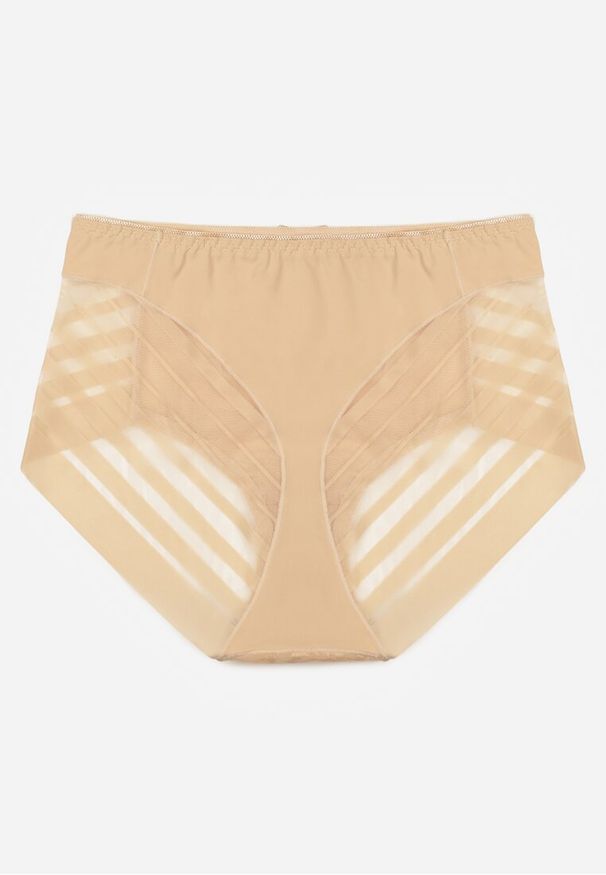 Renee - Beżowe Siateczkowe Majtki Figi High Waist z Koronkowymi Zdobieniami Heylih. Stan: podwyższony. Kolor: beżowy. Materiał: koronka. Wzór: aplikacja