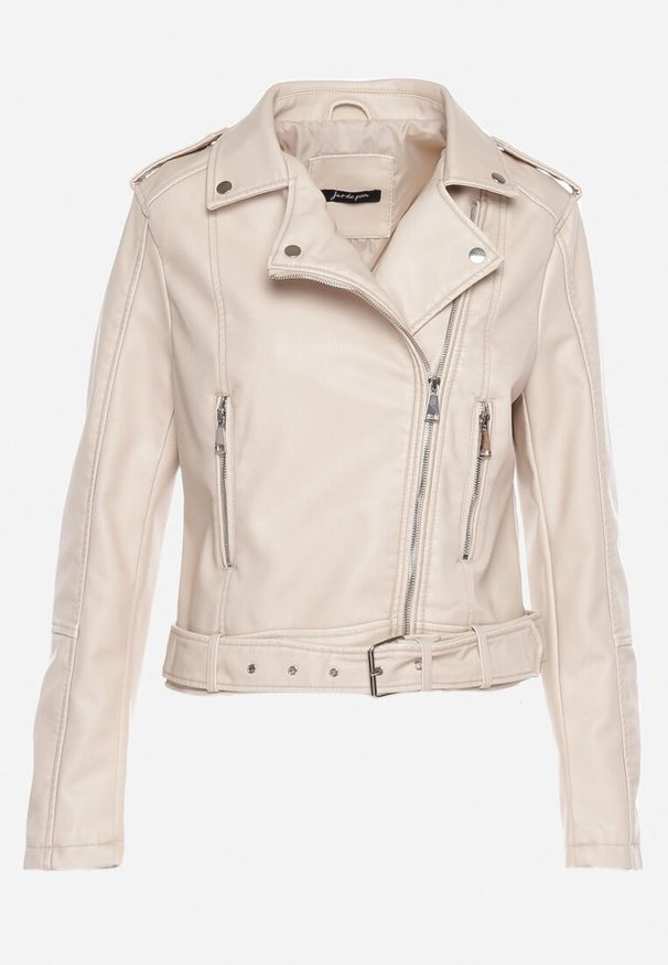 Born2be - Jasnobeżowa Kurtka Ramoneska z Ozdobnym Paskiem na Dole i Asymetrycznym Suwakiem Etoisa. Okazja: na co dzień. Kolor: beżowy. Materiał: jeans. Długość rękawa: krótki rękaw. Długość: krótkie. Styl: casual, elegancki