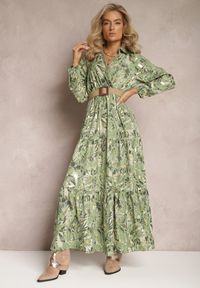 Renee - Jasnozielona Sukienka Maxi z Kołnierzykiem i Plecionym Paskiem Pertitus. Kolor: zielony. Wzór: aplikacja, nadruk. Typ sukienki: kopertowe. Styl: elegancki. Długość: maxi #4