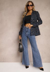 Renee - Granatowe Jeansy z Bawełny o Kroju Dzwonów High Waist Navilis. Stan: podwyższony. Kolor: niebieski. Styl: retro, elegancki