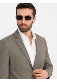 Ombre Clothing - Męska elegancka marynarka SLIM FIT z rayonem – oliwkowa V5 - Rozmiar: L. Kolor: oliwkowy. Materiał: tkanina, poliester, materiał. Wzór: ze splotem. Styl: elegancki