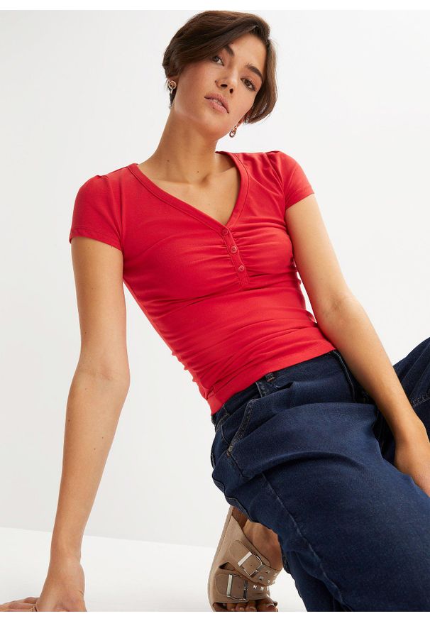 bonprix - Shirt z plisą guzikową, z bawełny organicznej. Typ kołnierza: dekolt w serek. Kolor: czerwony. Materiał: bawełna