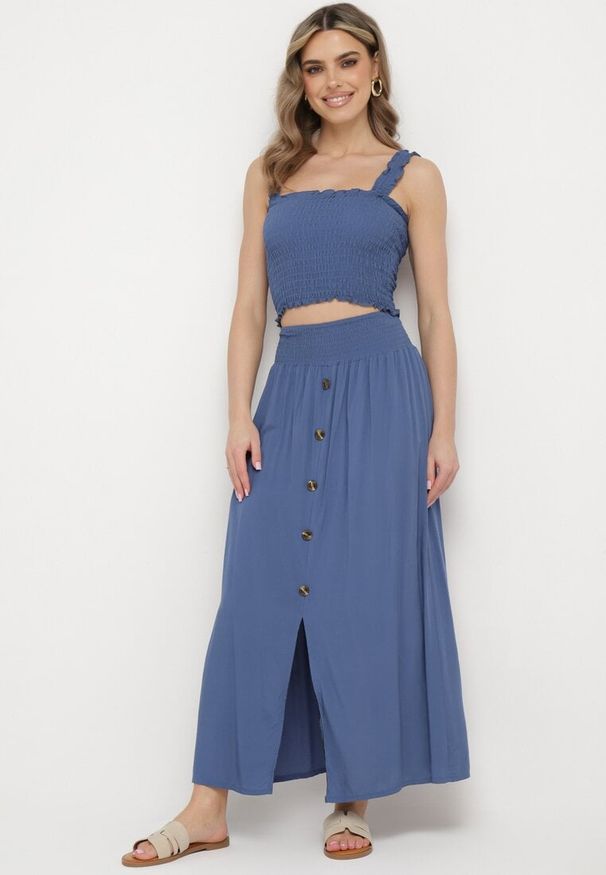 Born2be - Granatowy 2-częściowy Komplet Bawełniany z Topem i Spódnicą Maxi Semija. Kolor: niebieski. Materiał: bawełna. Wzór: gładki, aplikacja