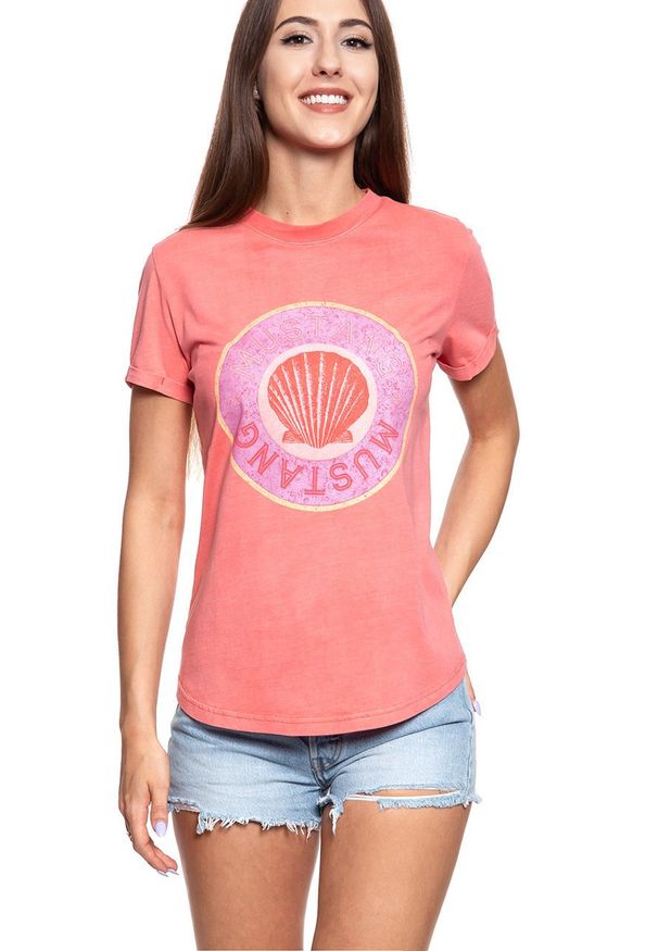 Mustang - MUSTANG T SHIRT DAMSKI Alina C Print Porcelain Rose 1009475 8204. Wzór: nadruk