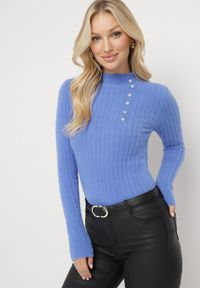 Born2be - Niebieski Wełniany Sweter z Dłuższym Włosiem i Ozdobnymi Guzikami Avelio. Kolor: niebieski. Materiał: wełna. Długość: długie #3