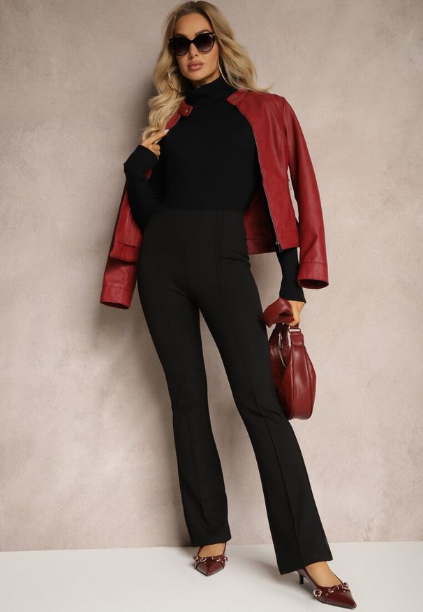 Renee - Czarne Spodnie Dzwony z Wiskozą i Bawełną z Gumką w Pasie High Waist Lertidra. Okazja: na co dzień. Stan: podwyższony. Kolor: czarny. Materiał: bawełna, wiskoza. Styl: casual, elegancki, retro