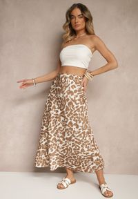 Renee - Brązowo-Beżowa Panterkowa Spódnica z Wiskozy High Waist Fevirellea. Okazja: na co dzień, na spacer. Stan: podwyższony. Kolor: brązowy. Materiał: wiskoza. Wzór: motyw zwierzęcy. Styl: casual, elegancki