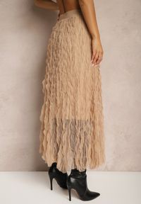 Renee - Brązowa Półtransparentna Spódnica z Tłoczeniami o Rozkloszowanym Kroju z Gumką w Talii Zeridra. Okazja: na co dzień. Kolor: beżowy. Styl: elegancki, casual #3