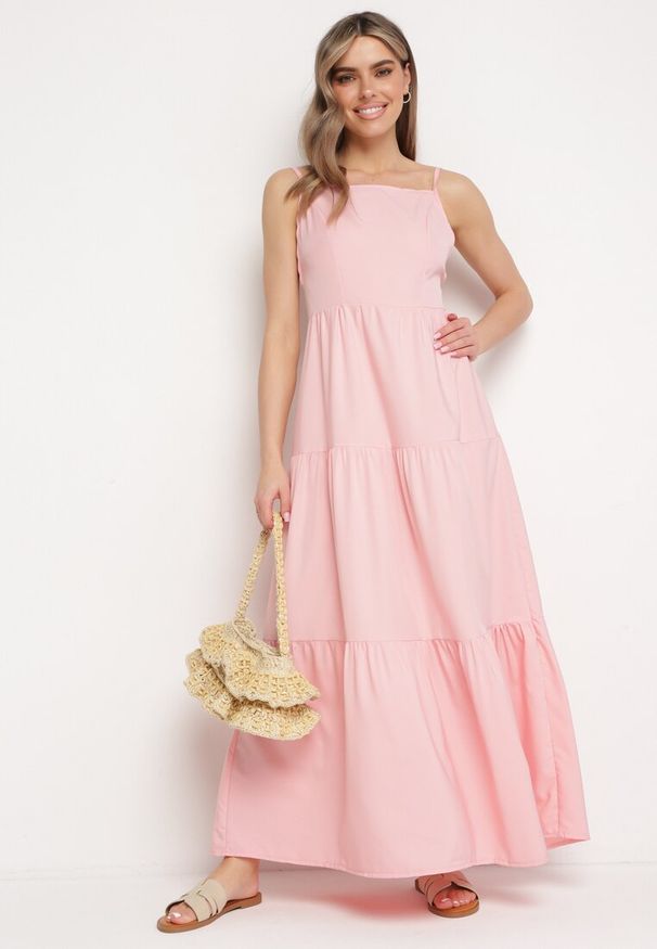 Born2be - Różowa Rozkloszowana Sukienka na Ramiączkach Zawiązywana z Tyłu z Elastyczną Gumką w Talii Grililena. Kolor: różowy. Długość rękawa: na ramiączkach