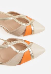 Born2be - Beżowe Czółenka na Obacasie z Wycięciami i Metalicznymi Paskami Prosilis. Okazja: na co dzień. Zapięcie: pasek. Kolor: beżowy. Materiał: koronka. Obcas: na obcasie. Styl: casual, elegancki. Wysokość obcasa: średni #8