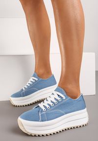 Renee - Niebieskie Trampki Sneakersy na Platformie z Ozdobnym Bieżnikiem Dimorie. Nosek buta: okrągły. Zapięcie: sznurówki. Kolor: niebieski. Obcas: na platformie. Wysokość obcasa: średni #1