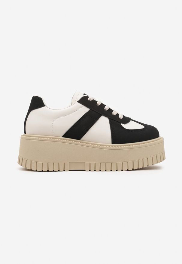 Renee - Czarno-Beżowe Sneakersy Typu Tenisówki na Żłobionej Platformie Lorreia. Kolor: czarny. Materiał: jeans. Obcas: na platformie