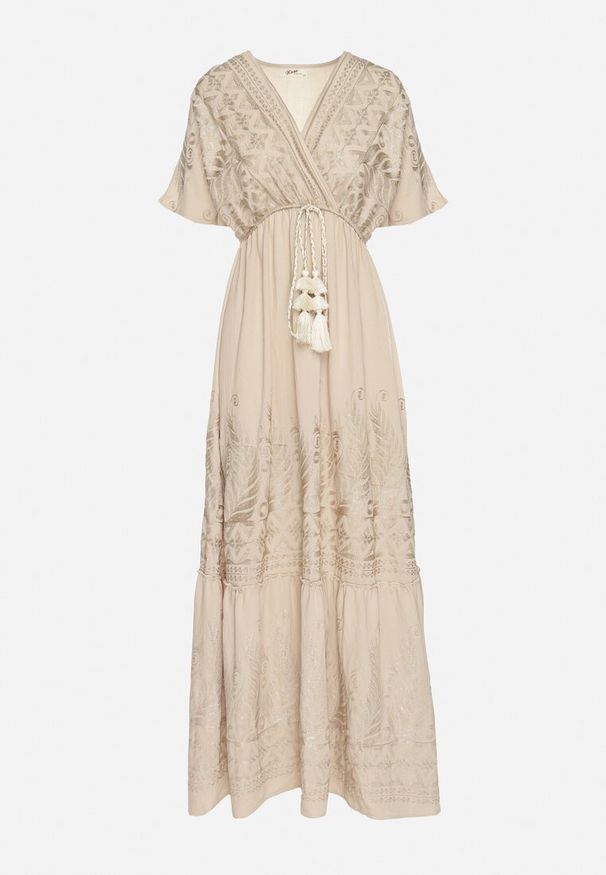 Born2be - Beżowa Kopertowa Sukienka z Wiskozy Ozdobiona Frędzlami Redare. Okazja: na co dzień. Typ kołnierza: dekolt w serek. Kolor: beżowy. Materiał: wiskoza. Wzór: aplikacja. Typ sukienki: kopertowe. Styl: boho, casual, klasyczny