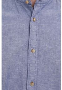 PRODUKT by Jack & Jones - Produkt by Jack & Jones koszula z domieszką lnu męska kolor niebieski regular ze stójką. Typ kołnierza: kołnierzyk stójkowy. Kolor: niebieski. Materiał: len. Długość rękawa: krótki rękaw. Długość: krótkie