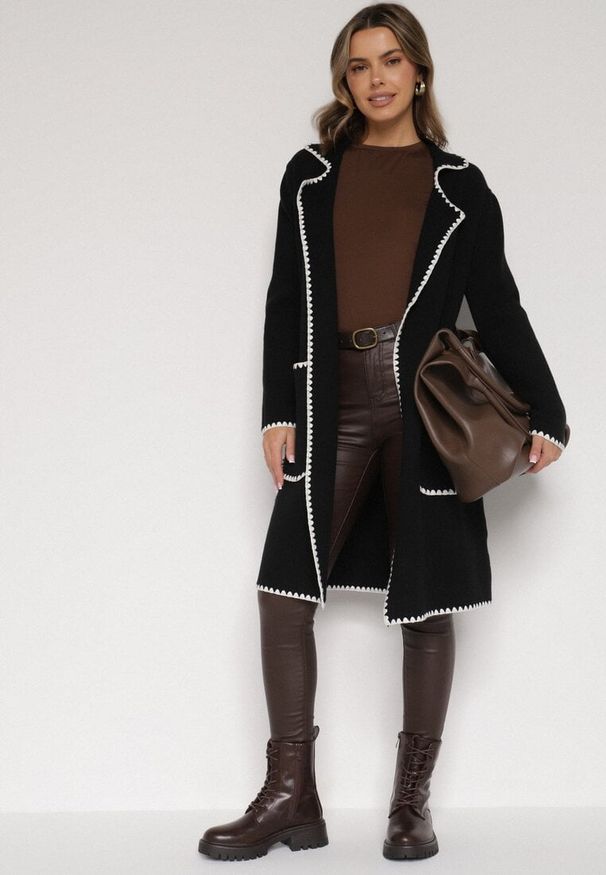 Born2be - Czarny Kardigan Ozdobiony Lamówką Tusbena. Okazja: na co dzień. Kolor: czarny. Materiał: jeans. Wzór: aplikacja. Styl: casual, elegancki