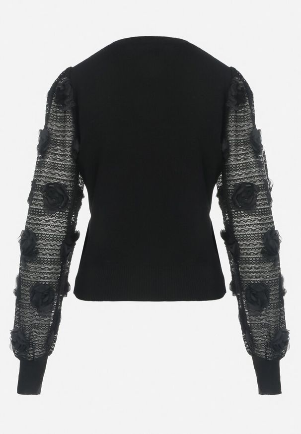 Born2be - Czarny Sweter z Ażurowymi Rękawami z Kwiatkami Semnetia. Kolor: czarny. Materiał: dzianina, tkanina. Wzór: ażurowy, kwiaty