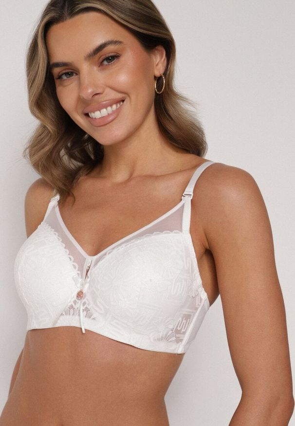 Born2be - Jasnobeżowy Biustonosz z Koronką i Transparentną Wstawką Heliphine. Kolor: beżowy. Materiał: koronka. Wzór: koronka