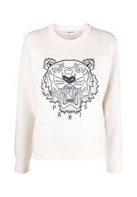 Kenzo - KENZO - Sweter z domieszką wełny Tiger. Kolor: beżowy. Materiał: wełna. Długość rękawa: długi rękaw. Długość: długie. Wzór: haft. Styl: klasyczny