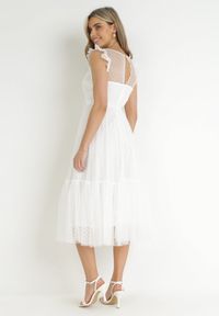 Born2be - Biała Koktajlowa Sukienka z Koronkową Górą i Tiulowym Dołem Sleda. Kolor: biały. Materiał: tiul, koronka. Styl: wizytowy #4