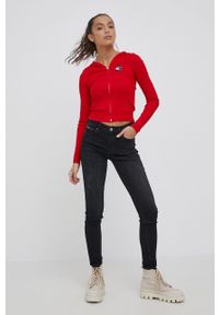 Tommy Jeans kardigan damski kolor czerwony lekki. Typ kołnierza: kaptur. Kolor: czerwony. Materiał: dzianina, materiał, wiskoza. Długość rękawa: długi rękaw. Długość: długie