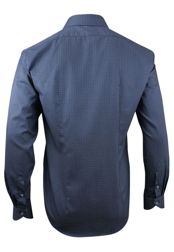 Bello - Granatowa Koszula Wizytowa, Długi Rękaw - BELLO - Taliowana, Elegancka, w Drobny Wzór. Okazja: na spotkanie biznesowe, do pracy. Kolor: niebieski. Materiał: bawełna. Długość rękawa: długi rękaw. Długość: długie. Styl: elegancki, wizytowy