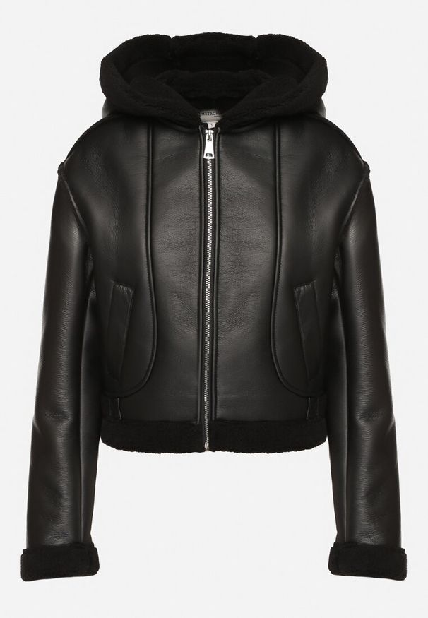 Born2be - Czarna Krótka Kurtka Biker z Kapturem i Futrzanymi Wstawkami Daithia. Okazja: na co dzień. Typ kołnierza: kaptur. Kolor: czarny. Materiał: futro. Długość: krótkie. Styl: casual