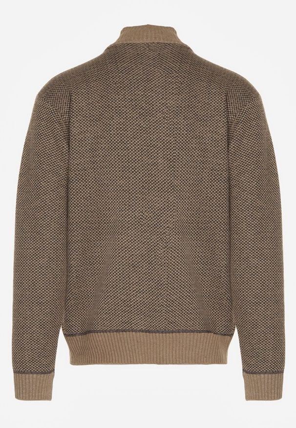 Born2be - Ciemnobeżowy Kardigan w Jodełkę na Suwak z Polarową Wyściółką Iwedara. Okazja: na co dzień. Kolor: beżowy. Materiał: polar. Wzór: jodełka. Styl: casual, sportowy