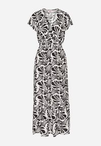 Born2be - Czarna Sukienka o Kopertowym Fasonie z Falbanką w Kwiatowy Wzór Flormoi. Okazja: na co dzień. Typ kołnierza: dekolt kopertowy, kołnierz z falbankami. Kolor: czarny. Materiał: materiał, jeans. Wzór: kwiaty. Sezon: wiosna, lato. Typ sukienki: kopertowe. Styl: klasyczny, casual #2