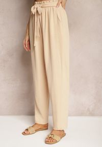 Renee - Beżowe Spodnie High Waist Wiązane w Pasie Wykończone Gumką w Talii Dimixi. Okazja: na co dzień. Stan: podwyższony. Kolor: beżowy. Styl: casual