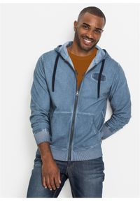 bonprix - Bluza rozpinana z kapturem i efektem wytarcia. Typ kołnierza: kaptur. Kolor: niebieski. Wzór: aplikacja #1