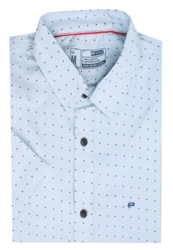 Pako Jeans - Koszula Męska Bawełniana, Błękitna Casualowa, Krótki Rękaw -PAKO JEANS. Okazja: na co dzień. Kolor: niebieski. Materiał: bawełna. Długość rękawa: krótki rękaw. Długość: krótkie. Styl: casual