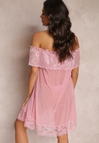 Renee - Różowa Koronkowa Koszula Nocna z Majtkami Typu Stringi Aubina. Kolor: różowy. Materiał: koronka. Długość: krótkie