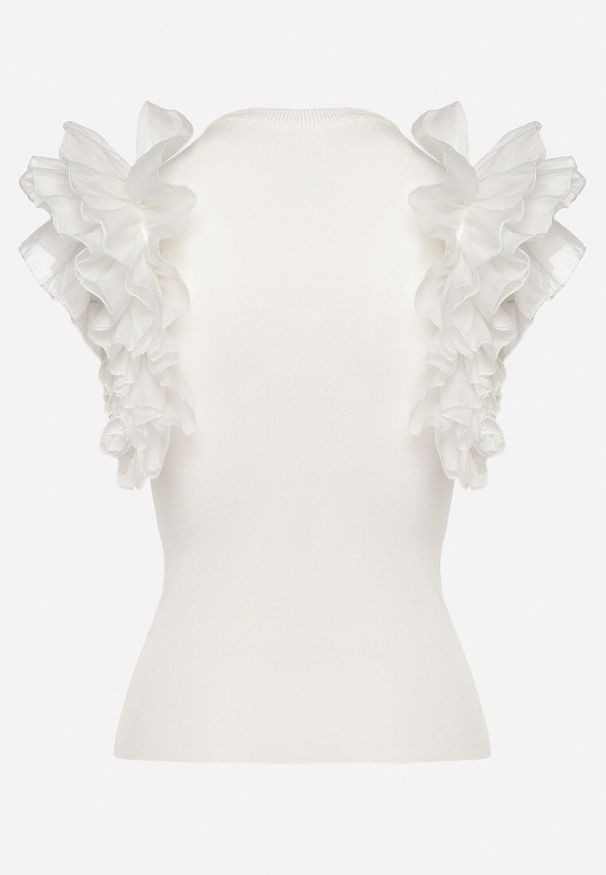 Born2be - Biała Bluzka z Bufkami na Ramionach z Falbanami Fidela. Okazja: na co dzień. Kolor: biały. Materiał: jeans. Styl: casual, elegancki, klasyczny