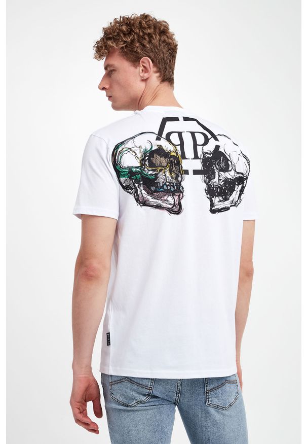 Philipp Plein - T-shirt męski PHILIPP PLEIN. Materiał: skóra, prążkowany. Długość rękawa: krótki rękaw. Długość: krótkie. Wzór: haft, aplikacja, kolorowy, nadruk