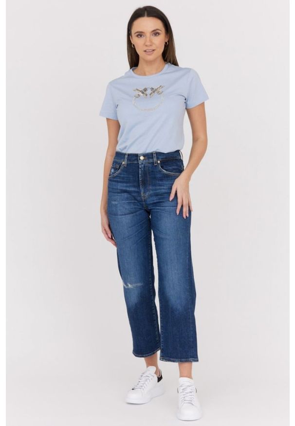 7 FOR ALL MANKIND Granatowe jeansy z poszerzoną nogawką i przetarciami THE MODERN STRAIGHT HERO. Kolor: niebieski