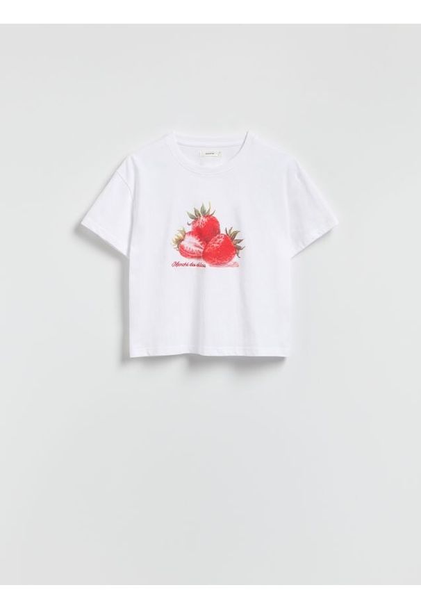 Reserved - T-shirt z nadrukiem - biały. Kolor: biały. Materiał: dzianina, bawełna. Wzór: nadruk