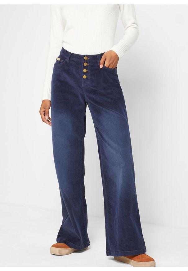 bonprix - Spodnie sztruksowe ze stretchem, Wide. Kolor: niebieski. Materiał: sztruks