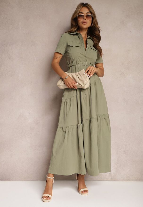 Renee - Zielona Bawełniana Sukienka o Rozkloszowana Zwężana w Talii Nenefia. Okazja: na co dzień. Kolor: zielony. Materiał: bawełna. Styl: casual