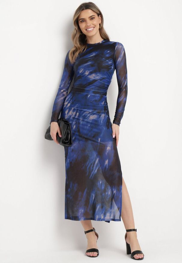 Born2be - Czarno-Granatowa Dopasowana Sukienka Długa z Siateczki z Rozcięciem na Boku Nethys. Kolor: czarny. Materiał: wiskoza. Styl: elegancki. Długość: maxi