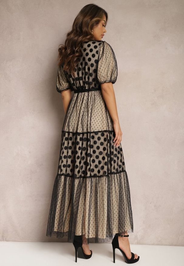Renee - Beżowo-Czarna Maxi Sukienka Tiulowa Rozkloszowana z Paskiem i Bufiastymi Rękawami Bervilla. Kolor: beżowy. Materiał: tiul. Styl: elegancki. Długość: maxi