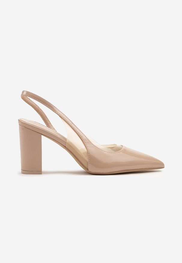 Renee - Beżowe Sandały Lakierowane na Słupku typu Slingback Dralzedi. Okazja: na co dzień. Zapięcie: sprzączka. Kolor: beżowy. Materiał: lakier. Obcas: na słupku. Styl: elegancki, klasyczny, casual